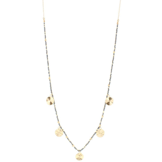32" Grey Delicate Necklace 1/2 Beaded with Gold Disks, 3" Ext