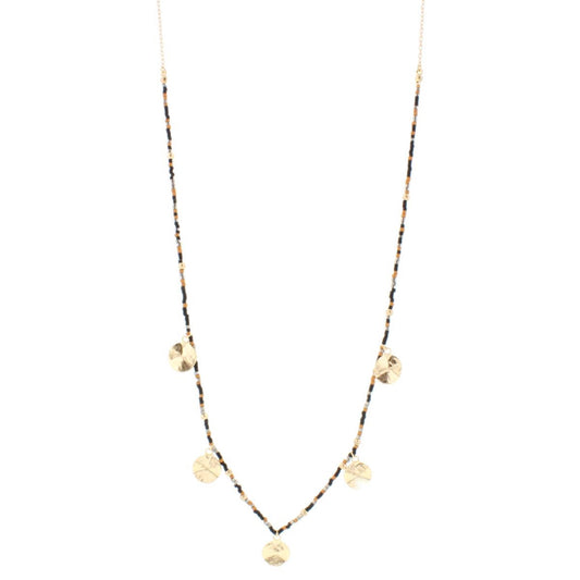 32" Jet, Brown, Grey Delicate Necklace 1/2 Beaded with Gold Disks, 3" Ext