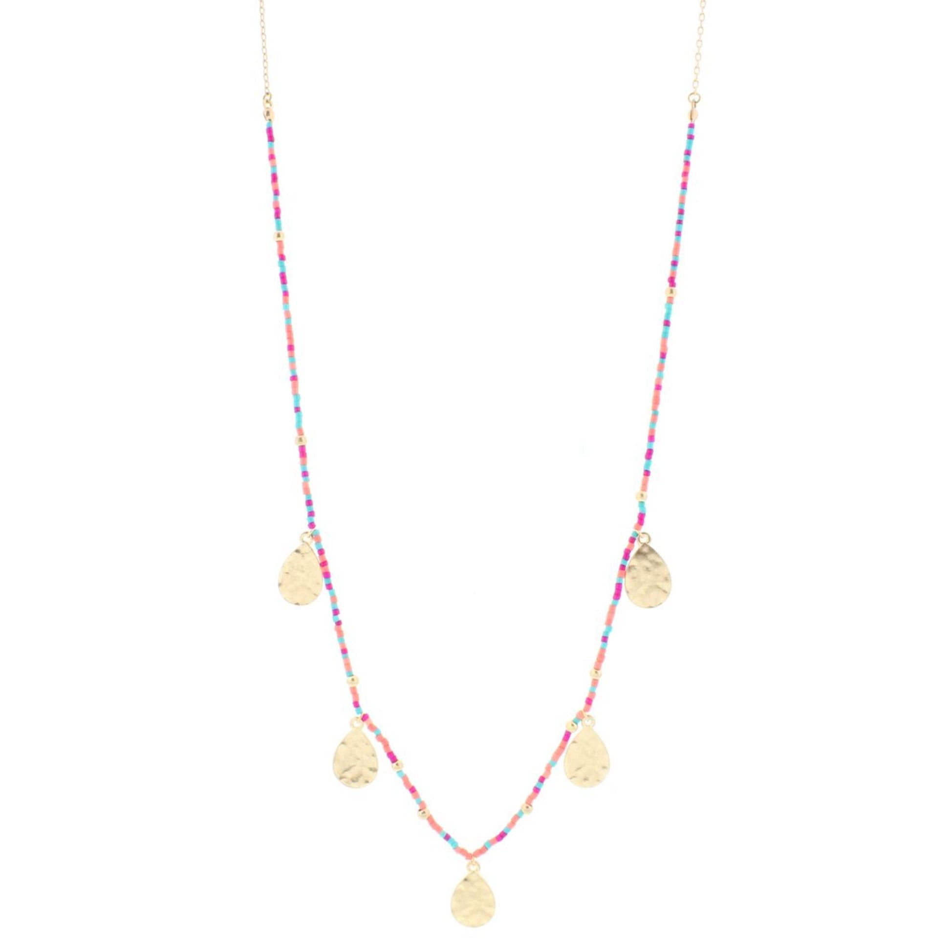 32" Pink, Peach, Blue Delicate Necklace 1/2 Beaded with Gold Teardrops, 3" Ext