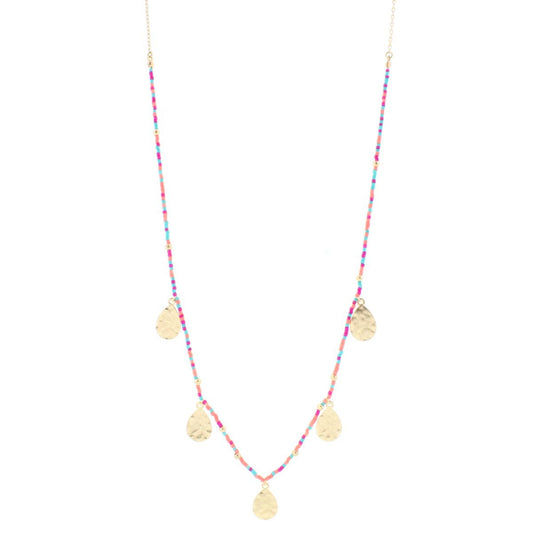 32" Pink, Peach, Blue Delicate Necklace 1/2 Beaded with Gold Teardrops, 3" Ext