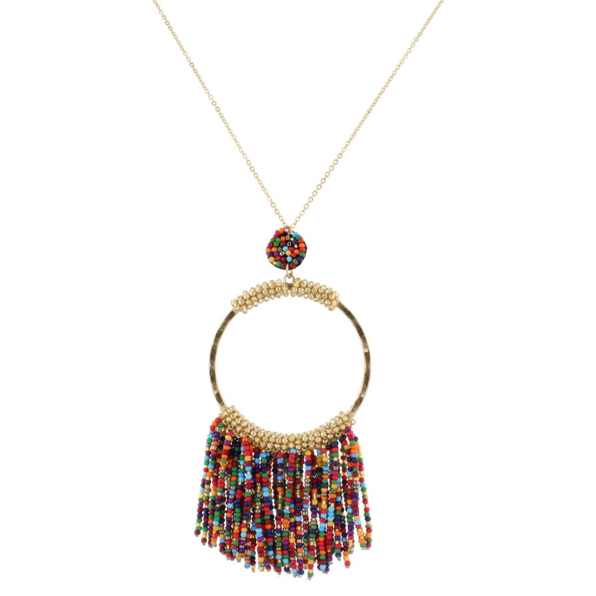 32" Gold Chain Necklace with Multi & Gold Beaded Hoop with Multi Beaded Fringe, 3" Ext