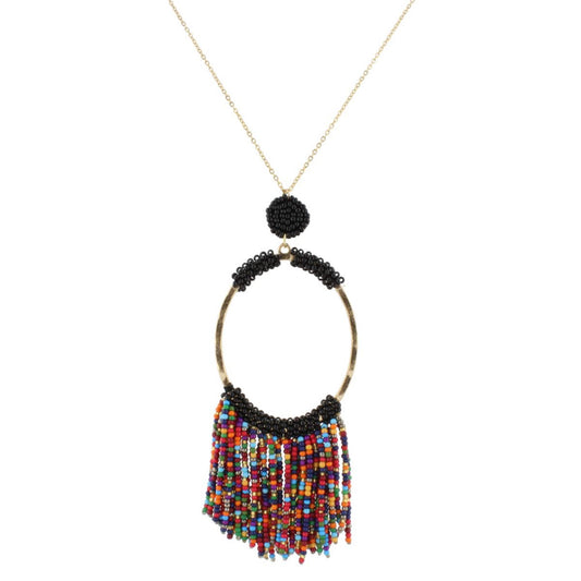 32" Gold Chain Necklace with Jet Beaded Oval with Multi Beaded Fringe, 3" Ext