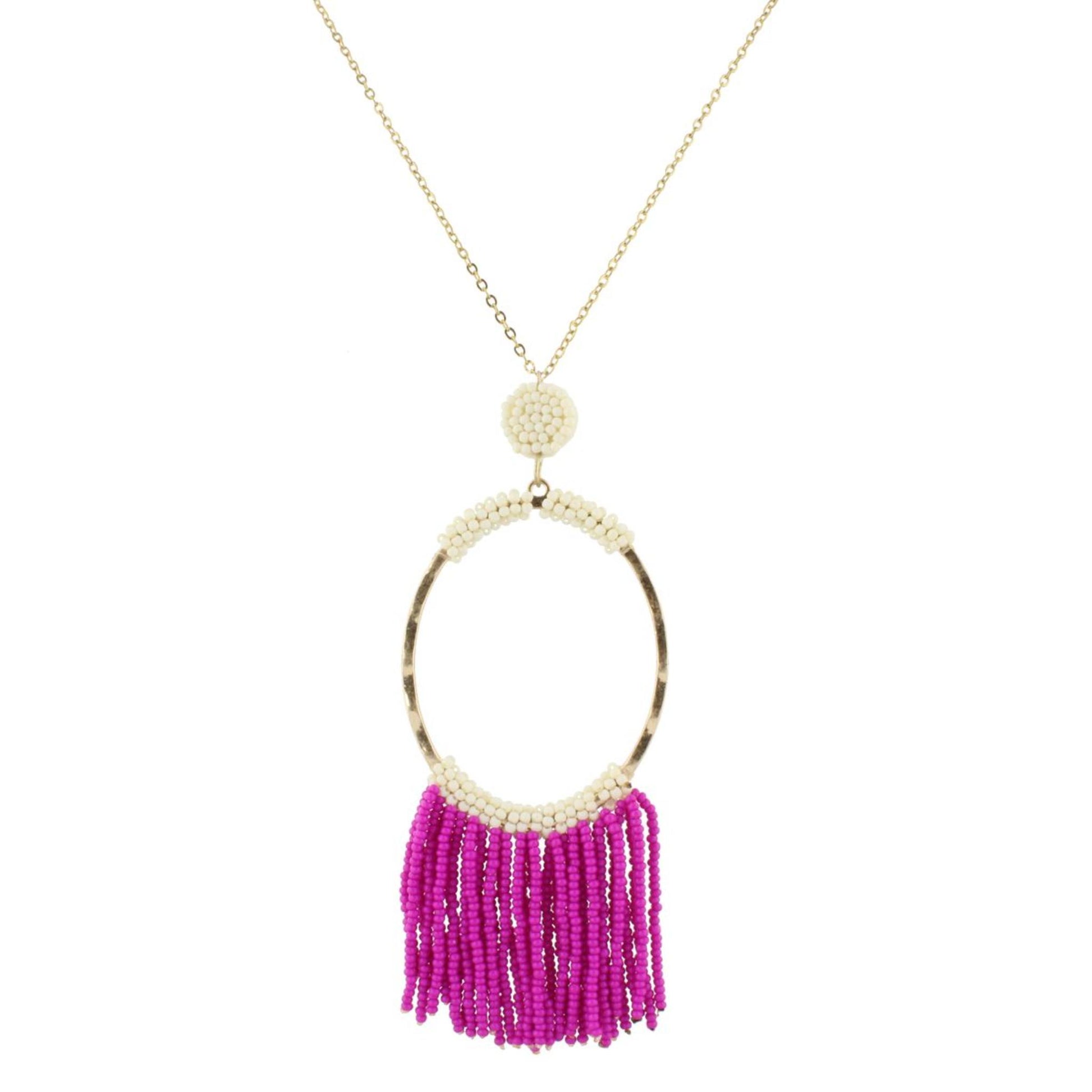 32" Gold Chain Necklace with Ivory Beaded Oval with Fuschia Beaded Fringe, 3" Ext