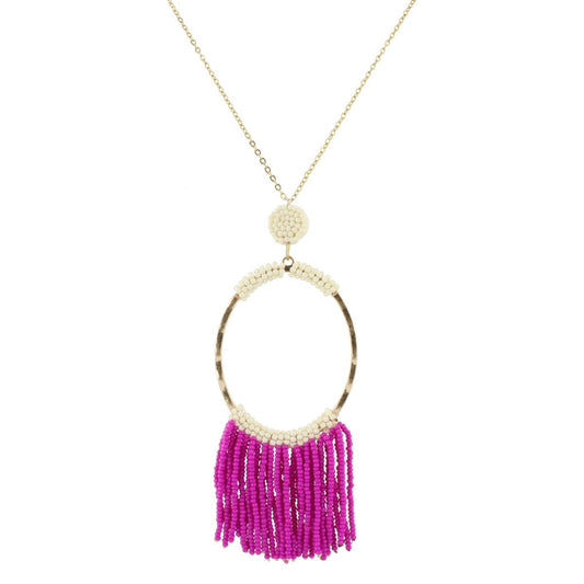 32" Gold Chain Necklace with Ivory Beaded Oval with Fuschia Beaded Fringe, 3" Ext