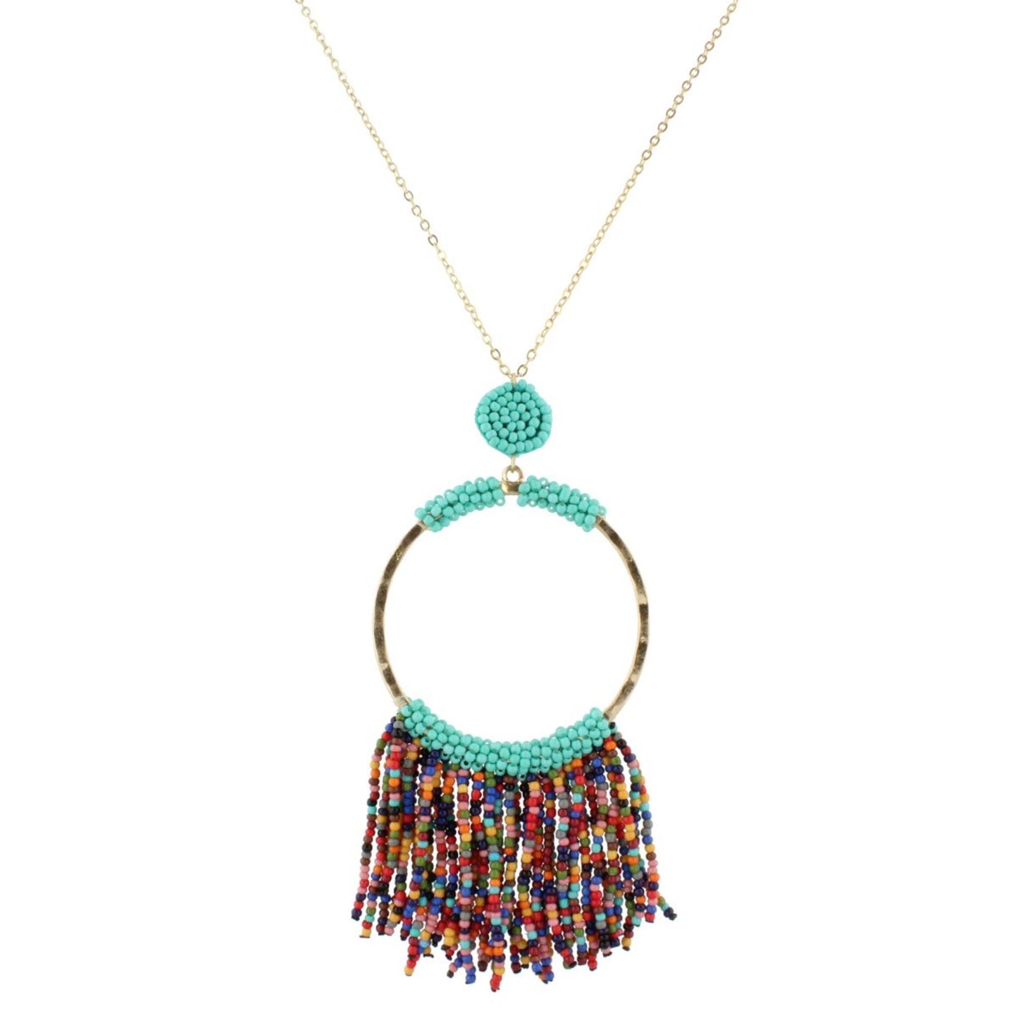 32" Gold Chain Necklace with Turquoise Beaded Hoop with Multi Beaded Fringe, 3" Ext