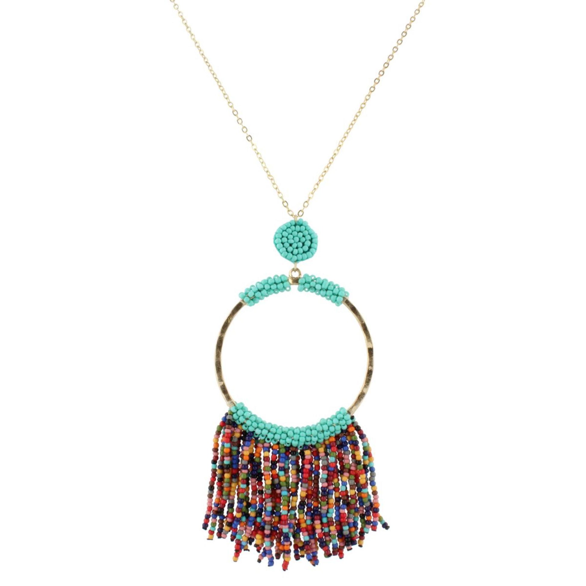 32" Gold Chain Necklace with Turquoise Beaded Hoop with Multi Beaded Fringe, 3" Ext
