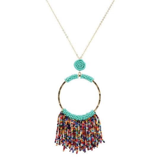32" Gold Chain Necklace with Turquoise Beaded Hoop with Multi Beaded Fringe, 3" Ext