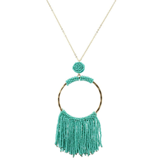 32" Gold Chain Necklace with Turquoise Beaded Hoop with Turquoise Beaded Fringe, 3" Ext