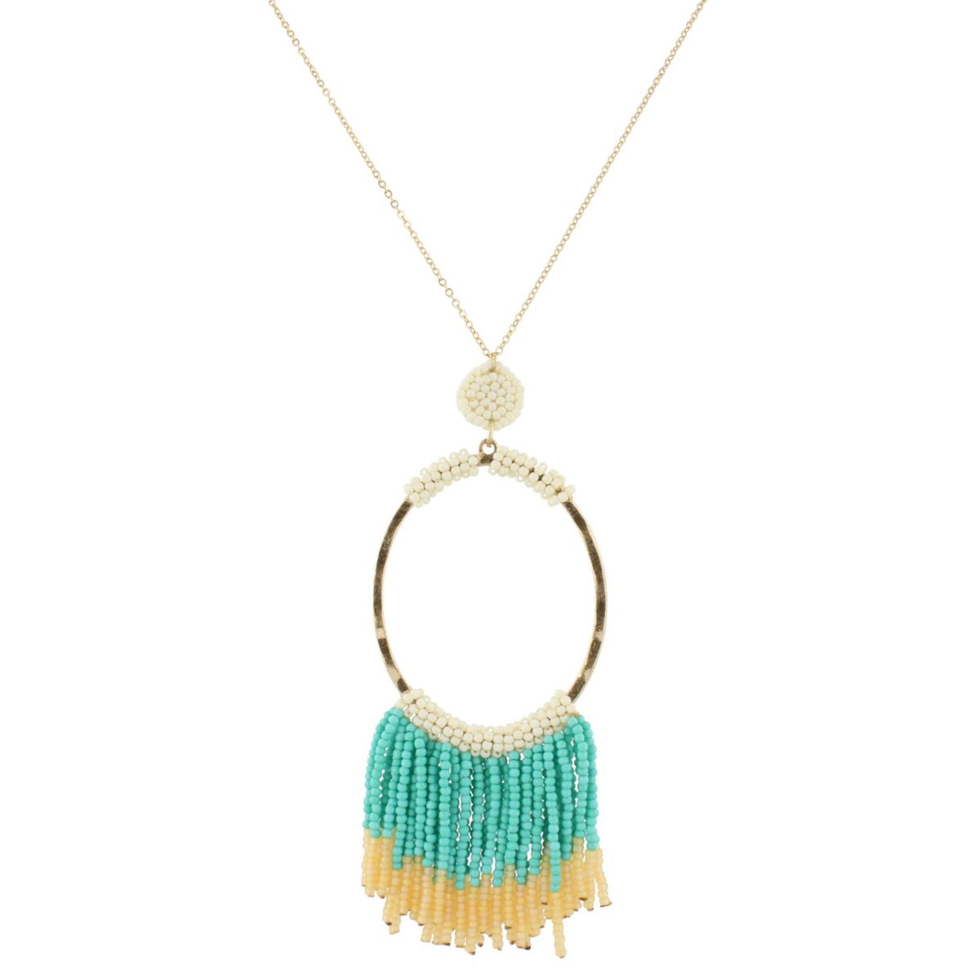 32" Gold Chain Necklace with Ivory Beaded Oval with Turquoise Beaded Fringe, 3" Ext