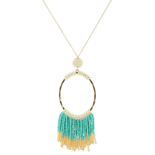 32" Gold Chain Necklace with Ivory Beaded Oval with Turquoise Beaded Fringe, 3" Ext