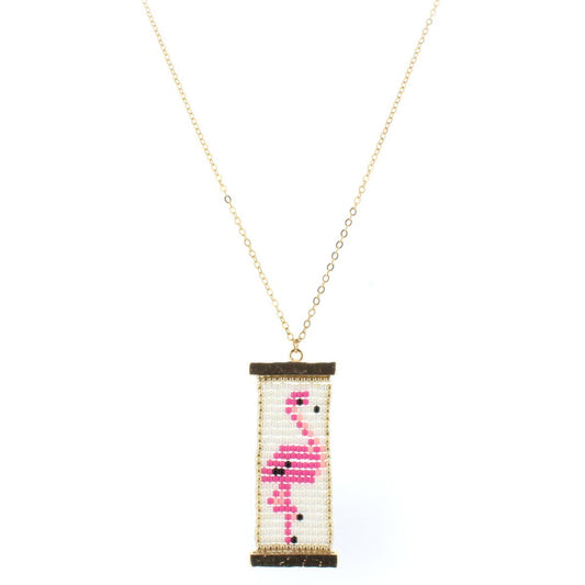 32" Gold Chain Necklace with Beaded Flamingo Pendant, 3" Ext