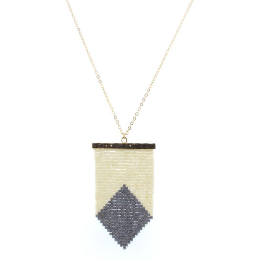 32" Gold Chain Necklace with Cream & Grey Beaded Shield, 3" Ext