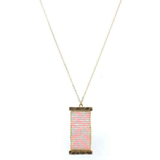 32" Gold Chain Necklace with Pink & Grey Beaded Pendant, 3" Ext