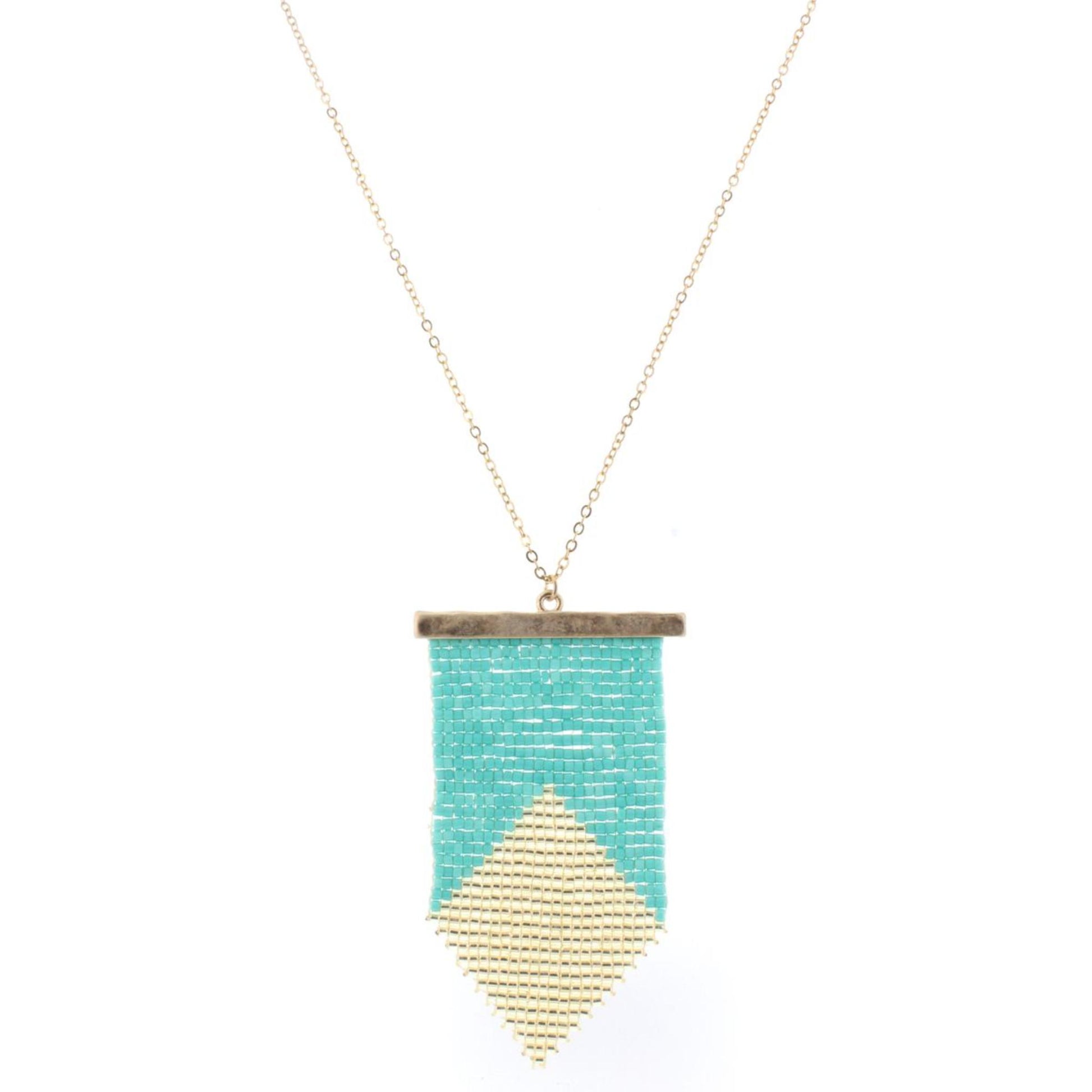 32" Gold Chain Necklace with Turquoise & Gold Beaded Pendant, 3" Ext