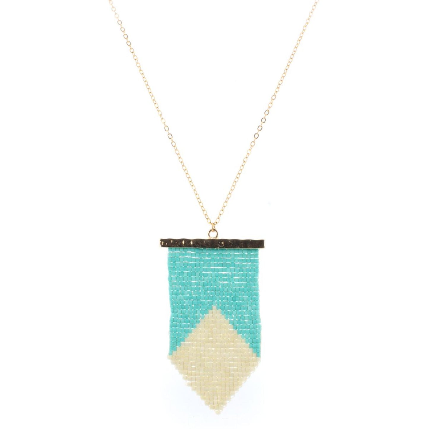 32" Gold Chain Necklace with Turquoise & Cream Beaded Shield, 3" Ext