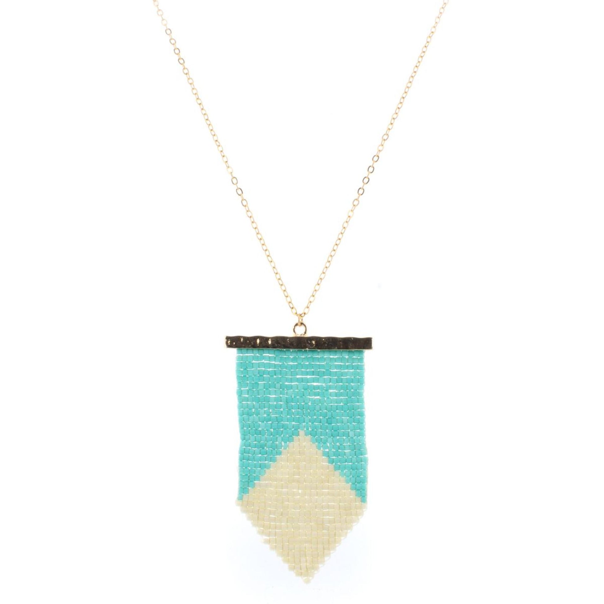 32" Gold Chain Necklace with Turquoise & Cream Beaded Shield, 3" Ext