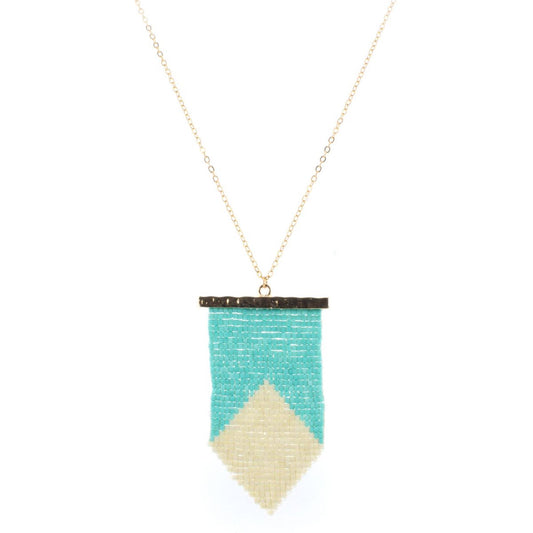 32" Gold Chain Necklace with Turquoise & Cream Beaded Shield, 3" Ext