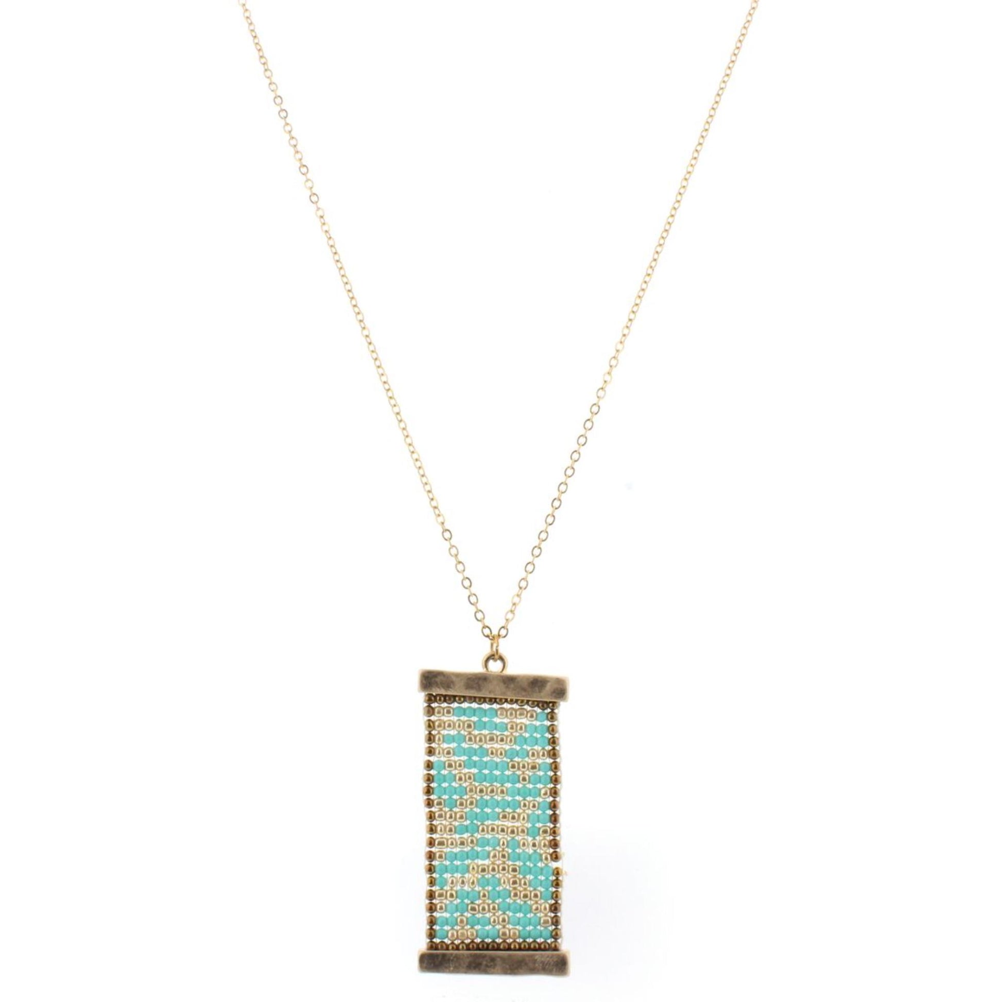 32" Gold Chain Necklace with Turquoise & Gold Beaded Shield, 3" Ext