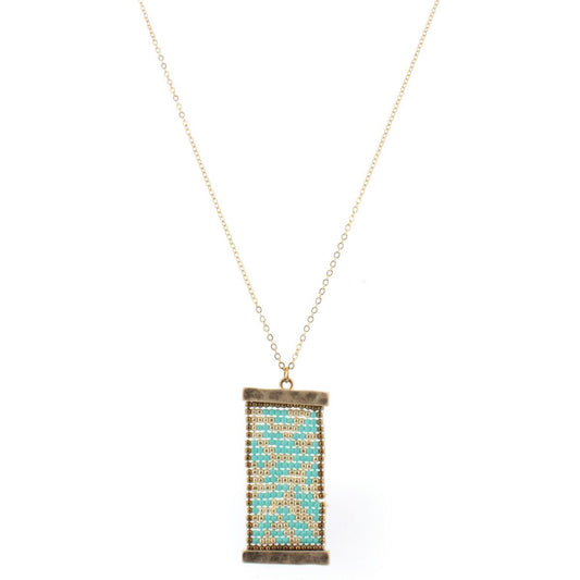 32" Gold Chain Necklace with Turquoise & Gold Beaded Shield, 3" Ext