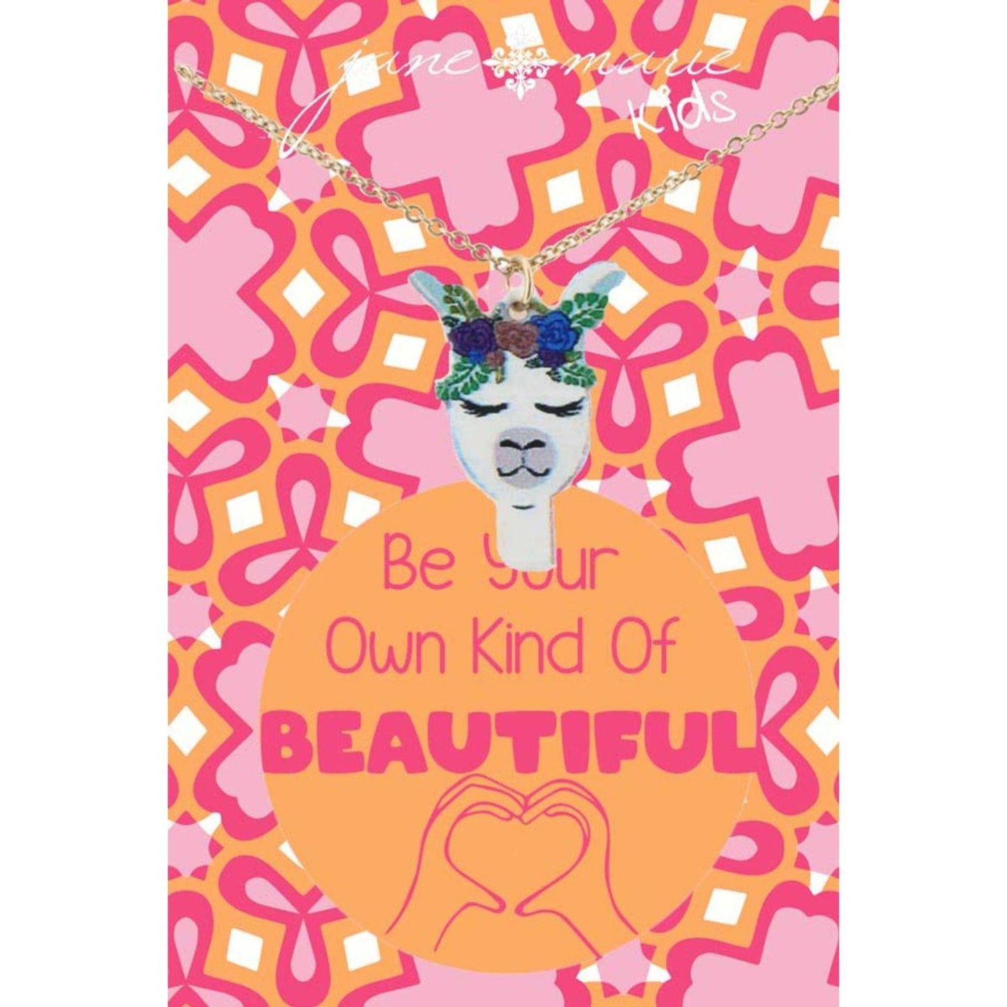 14" Kids Llama Face Necklace with Floral Crown, 3" Ext