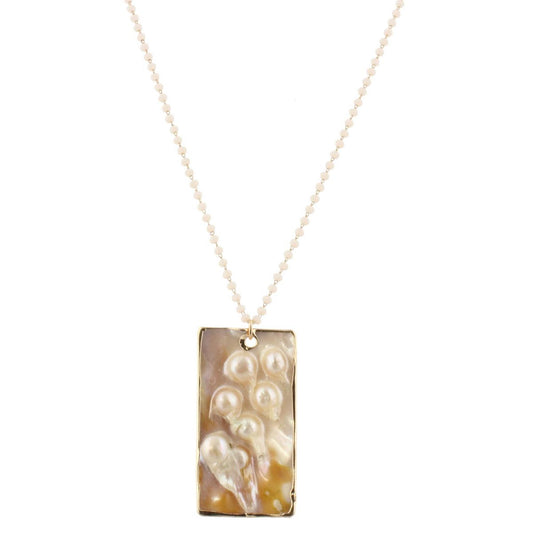 32" Delicate Soft Peachy White Linked Necklace with Shell Rectangle, 3" Ext