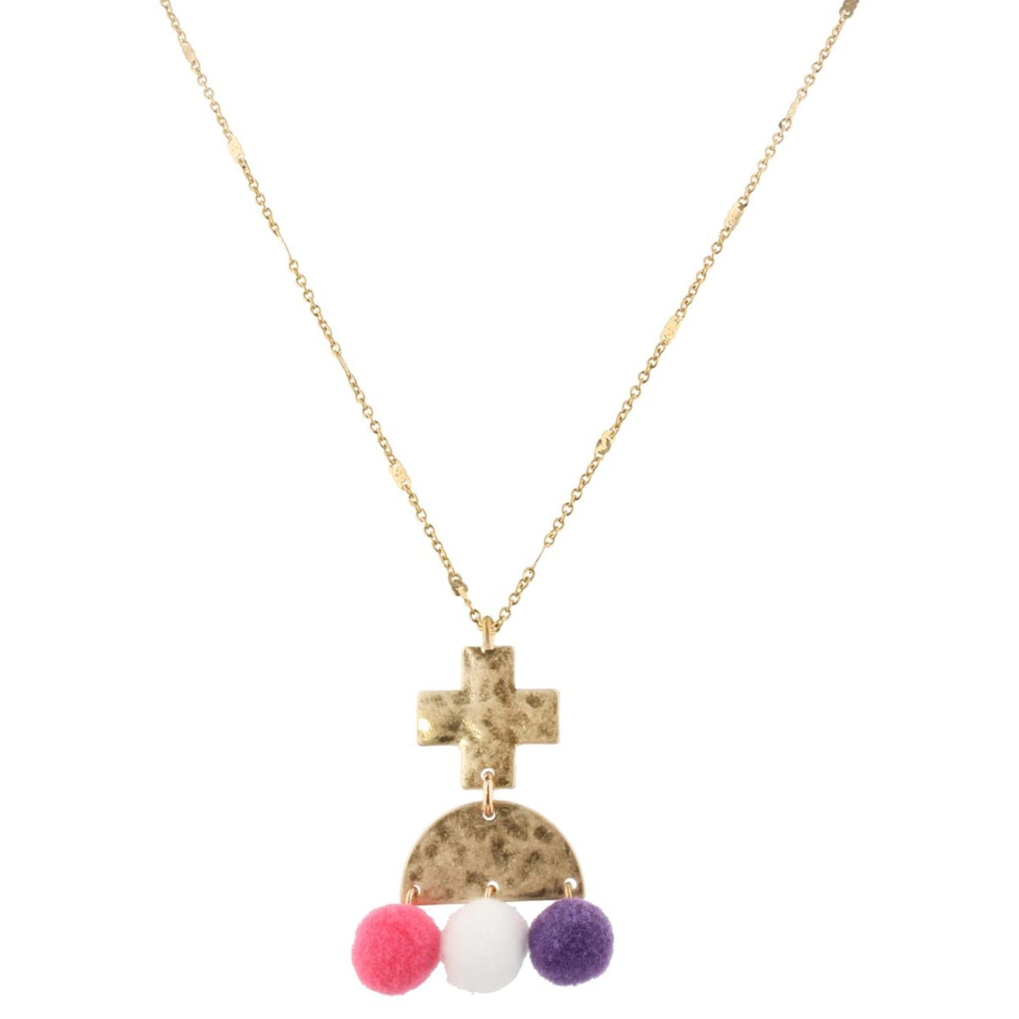 14" Kids Cross Necklace with Pink, White, Purple Poms, 3" Ext