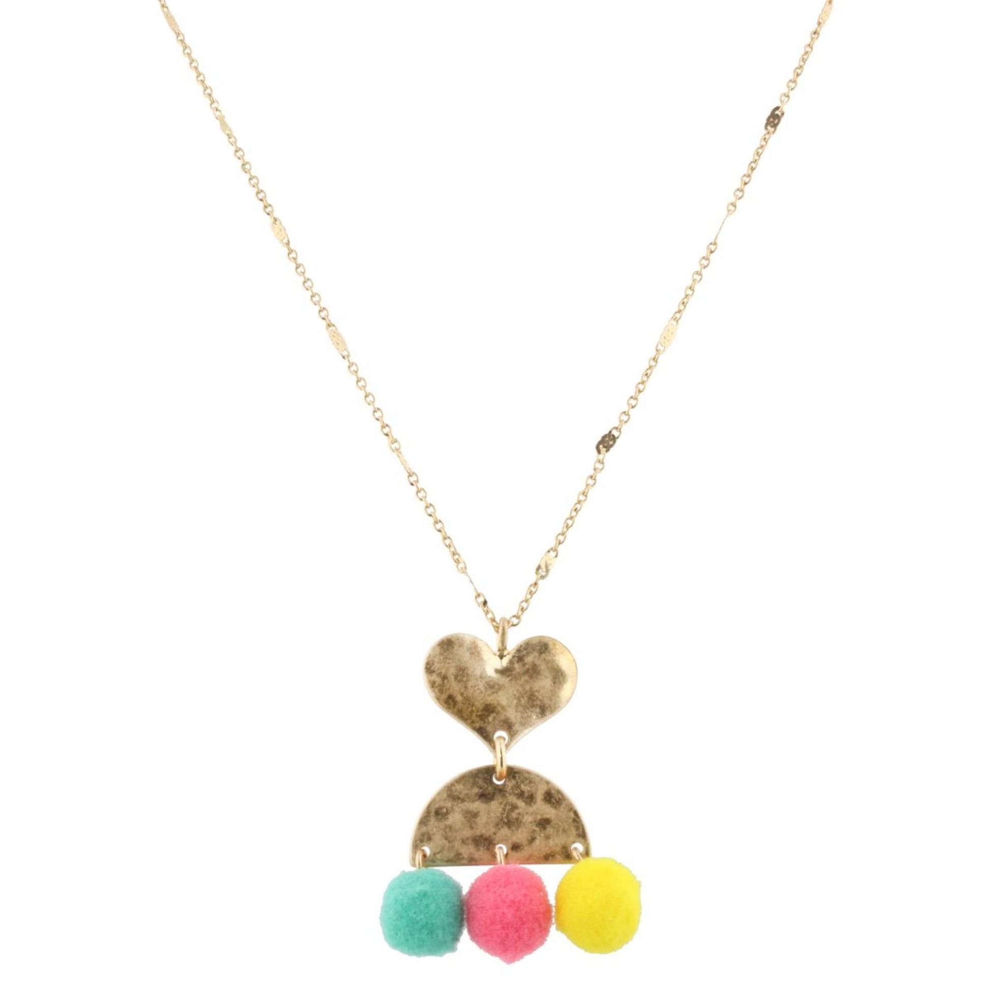 14" Kids Heart Necklace with TQ, Pink, Yellow Poms, 3" Ext