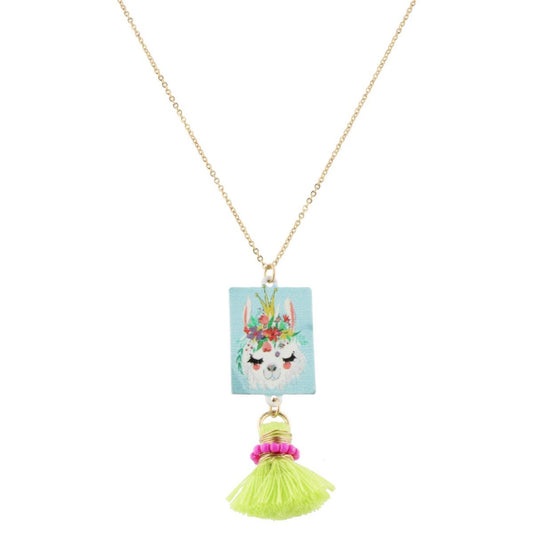 14" Kids Llama Necklace with Pink Wrapped Lime Tassel, 3" Ext
