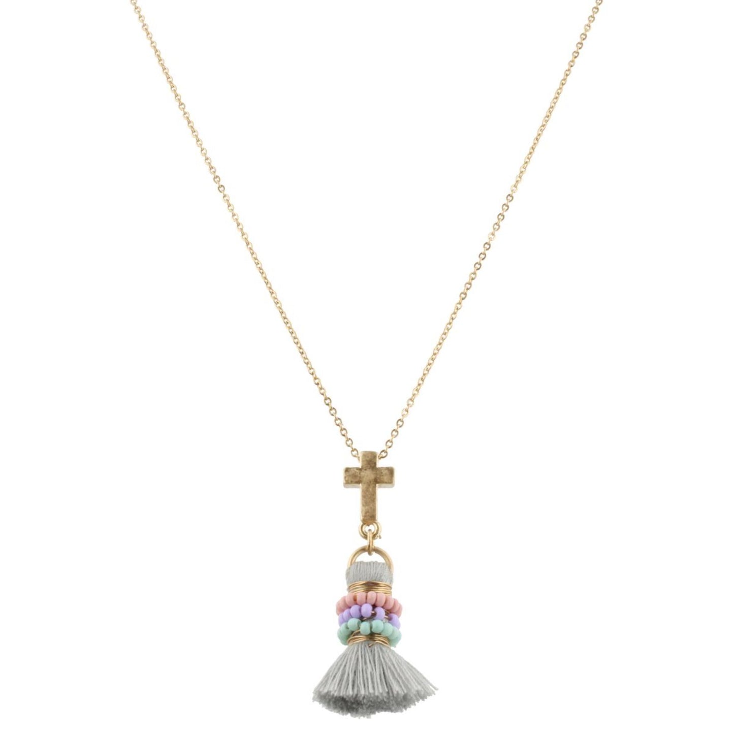 14" Kids Cross Necklace with Multi Wrapped Grey Tassel, 3" Ext