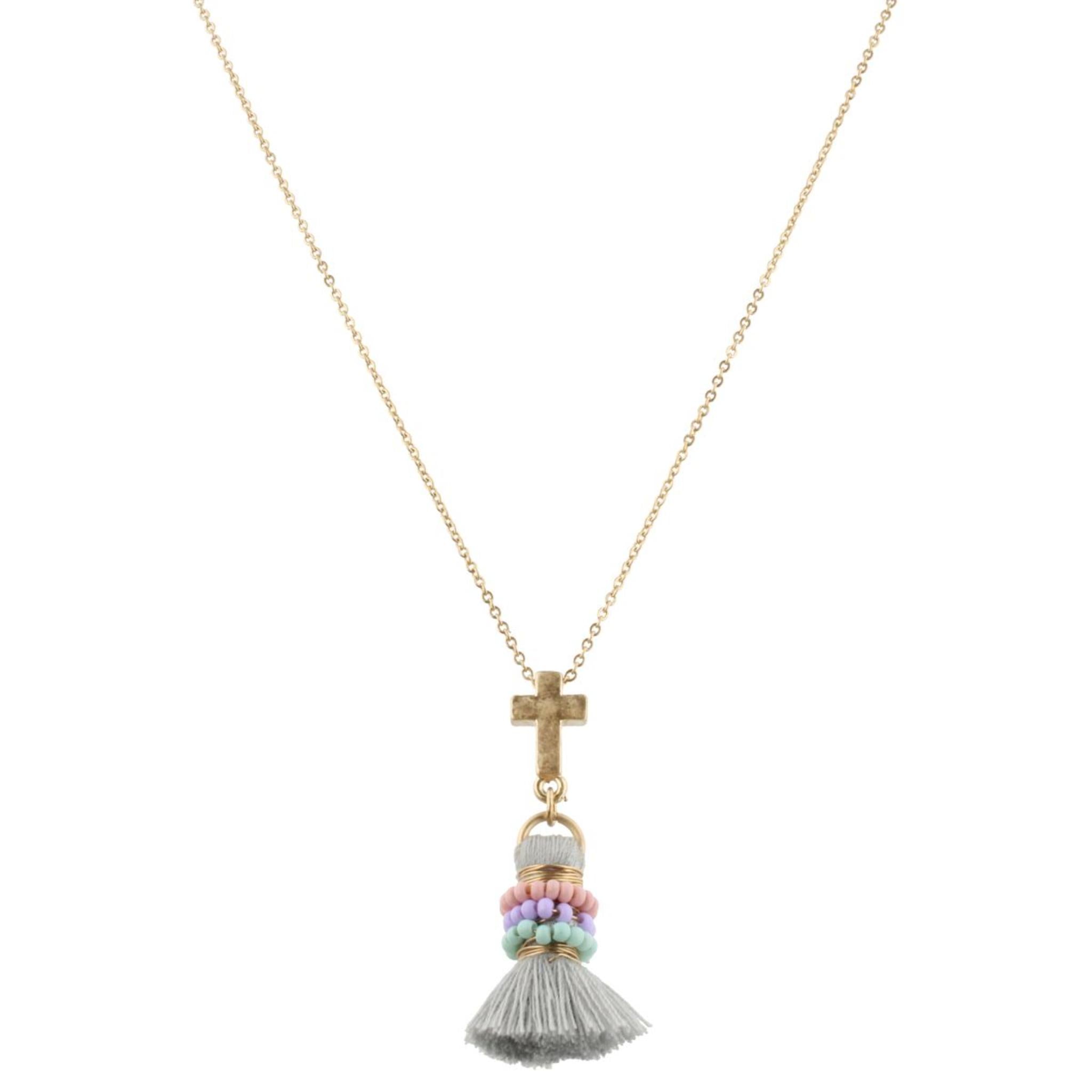 14" Kids Cross Necklace with Multi Wrapped Grey Tassel, 3" Ext