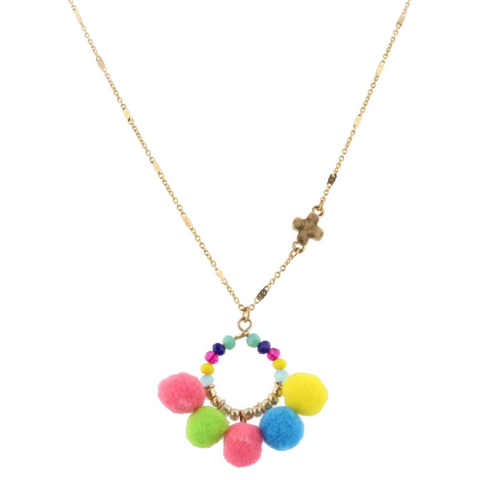 14" Kids Multi Beaded Circle Necklace with Multi Poms & Cross in Chain, 3" Ext