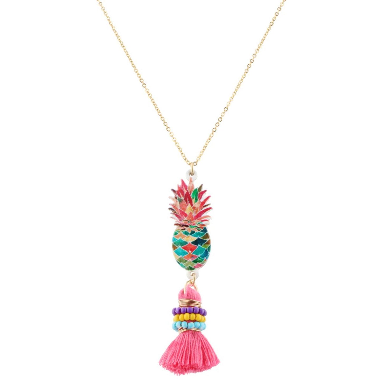 14" Kids Colorful Pineapple Necklace with Multi Wrapped Pink Tassel, 3" Ext