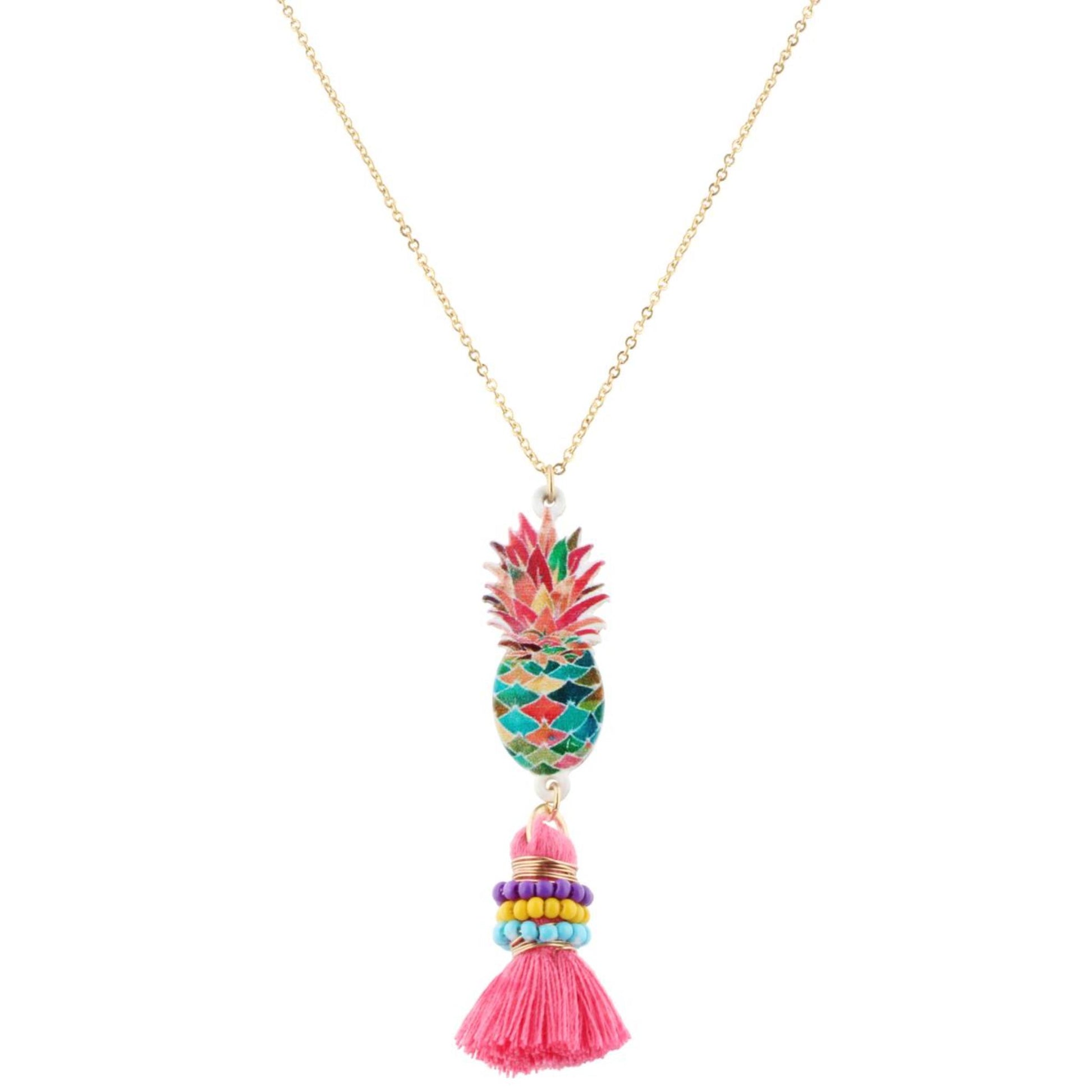 14" Kids Colorful Pineapple Necklace with Multi Wrapped Pink Tassel, 3" Ext