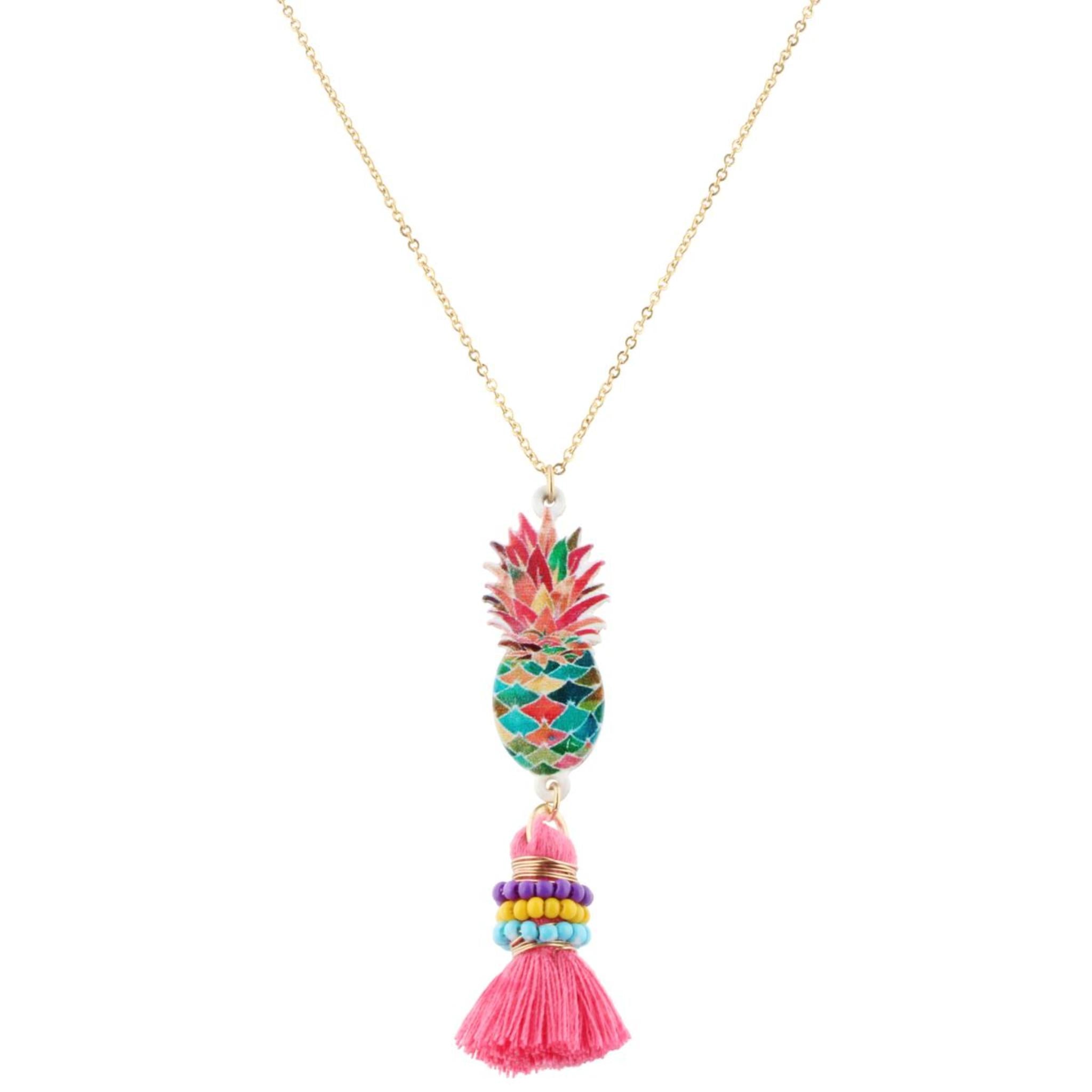 14" Kids Colorful Pineapple Necklace with Multi Wrapped Pink Tassel, 3" Ext