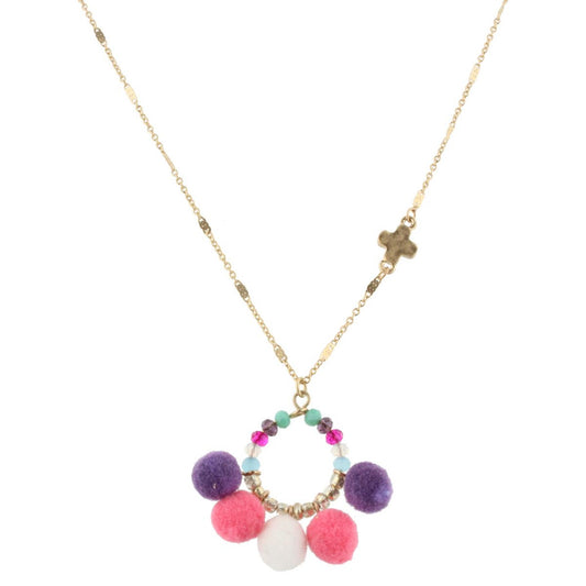 14" Kids Multi Beaded Circle Necklace with Purple, White, Pink Poms & Cross in Chain, 3" Ext