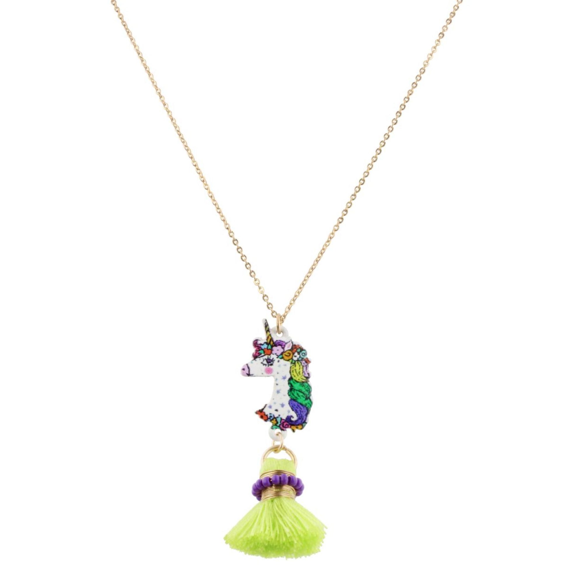 14" Kids Unicorn Necklace with Purple Wrapped Lime Tassel, 3" Ext