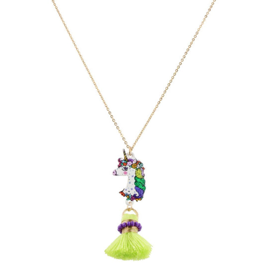 14" Kids Unicorn Necklace with Purple Wrapped Lime Tassel, 3" Ext
