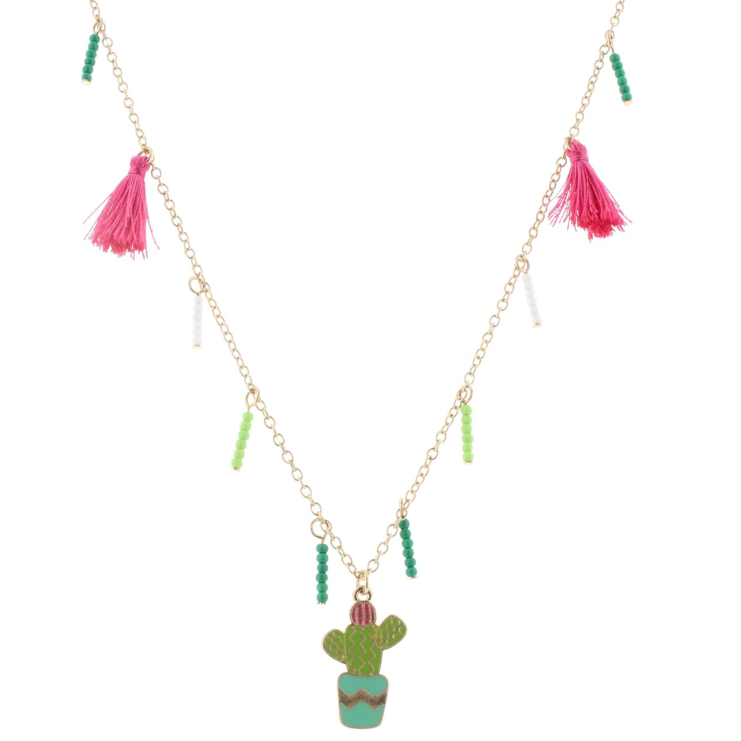 16" Kids Gold Chain Necklace with Beaded Fringe, Pink Tassels, and Cactus Charm, 3" Ext