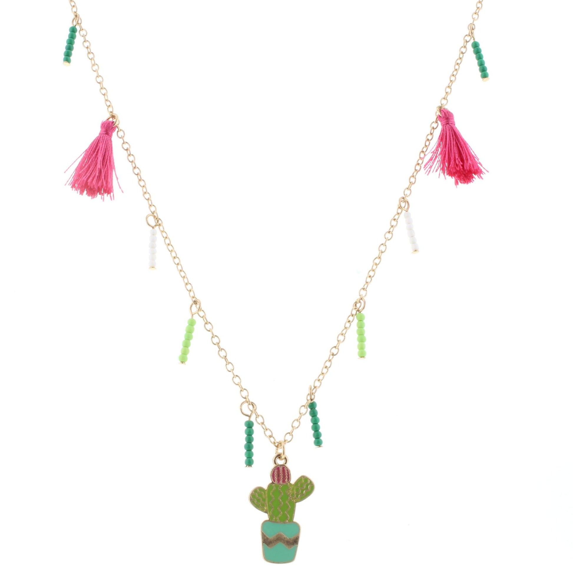 16" Kids Gold Chain Necklace with Beaded Fringe, Pink Tassels, and Cactus Charm, 3" Ext