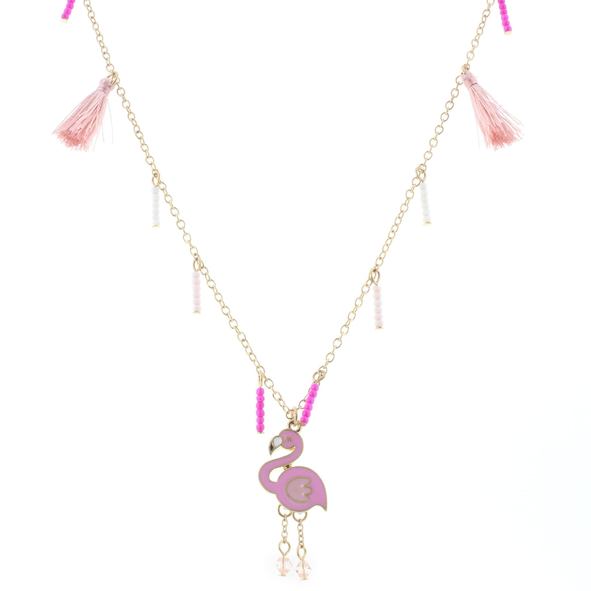16" Kids Gold Chain Necklace with Beaded Fringe, Pink Tassels, and Flamingo Charm, 3" Ext