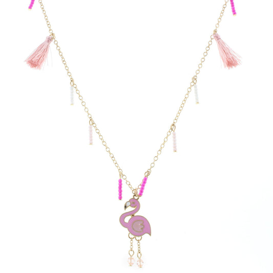 16" Kids Gold Chain Necklace with Beaded Fringe, Pink Tassels, and Flamingo Charm, 3" Ext