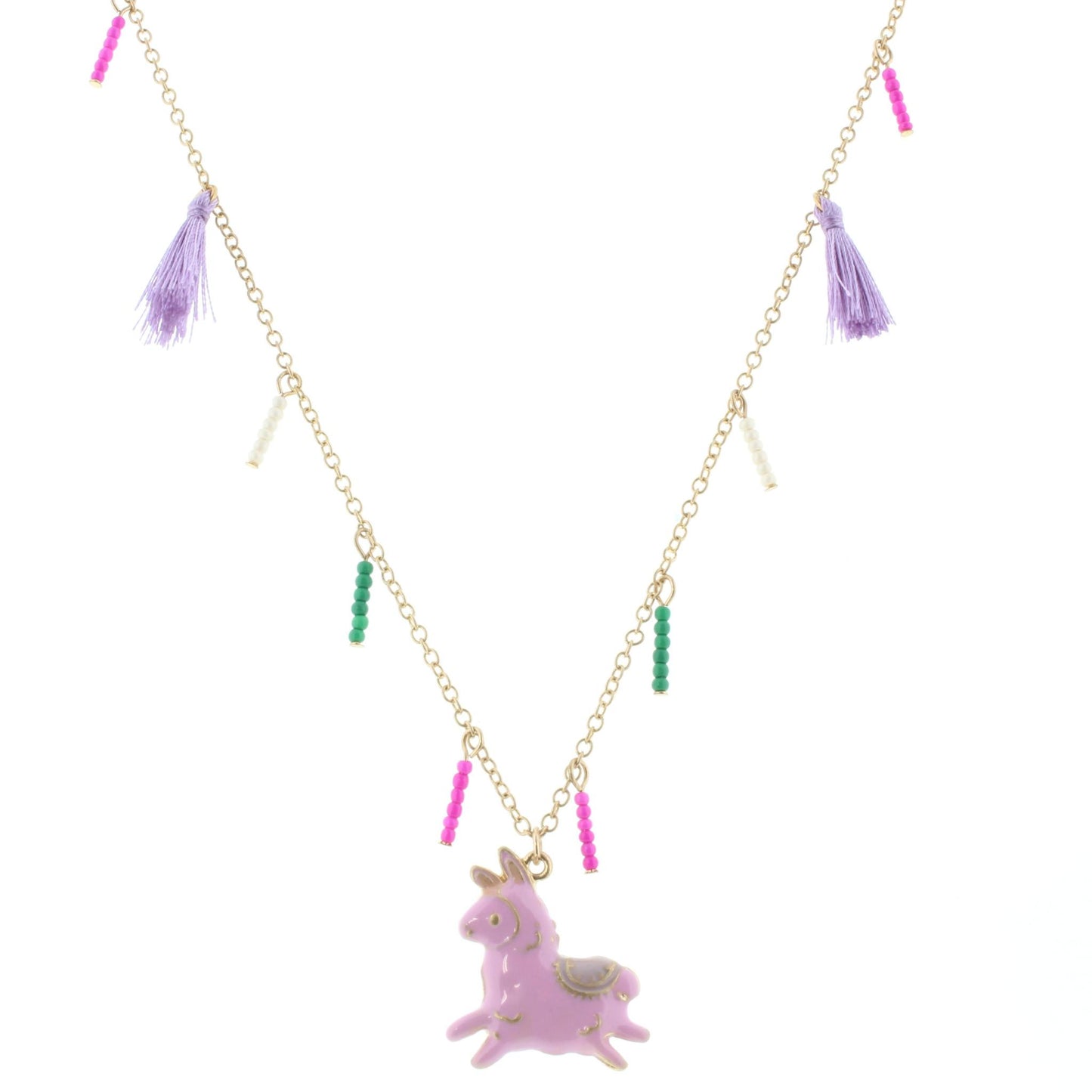 16" Kids Gold Chain Necklace with Beaded Fringe, Lavender Tassels, and Llama Charm, 3" Ext
