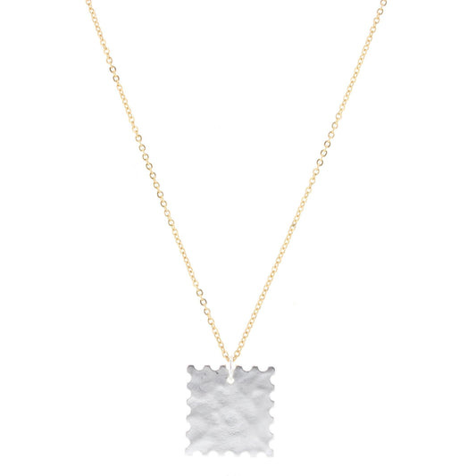 28" Gold Chain Necklace with Scalloped Edge Silver Square
