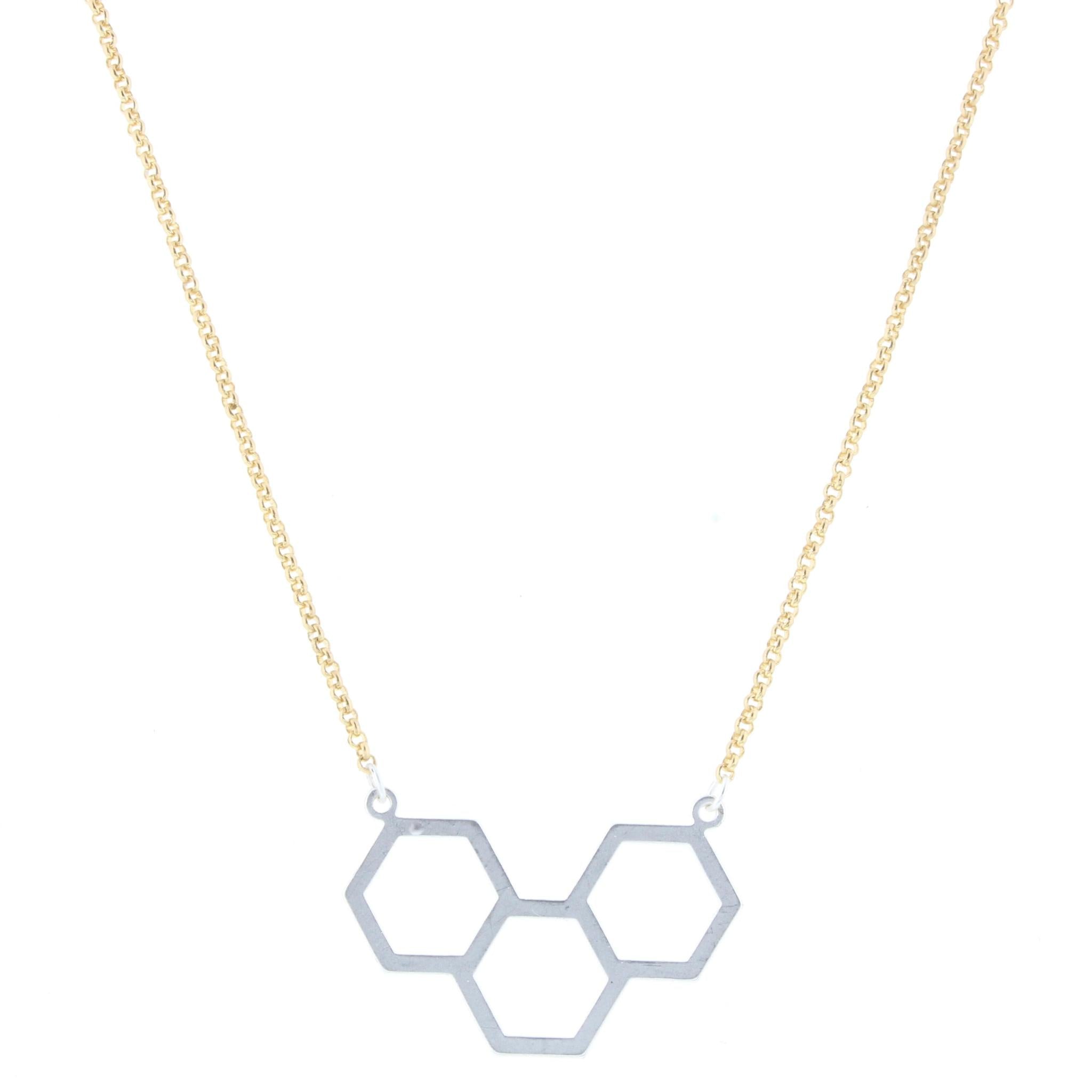 14" Gold Chain Necklace with Silver Open Hexagon Cluster, 3" Ext