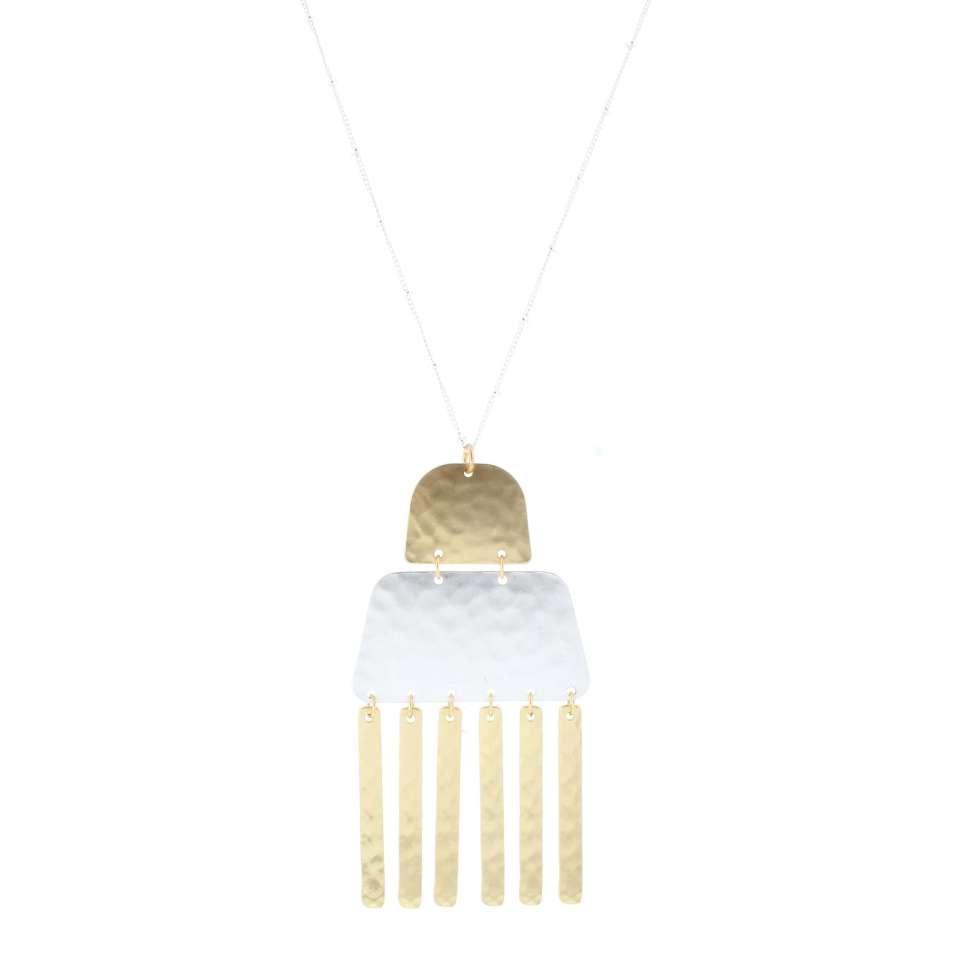 32" 2-Tone Chain Necklace with Gold Dome, Hinged Silver Trapezoid, and Gold Fringe, 3" Ext