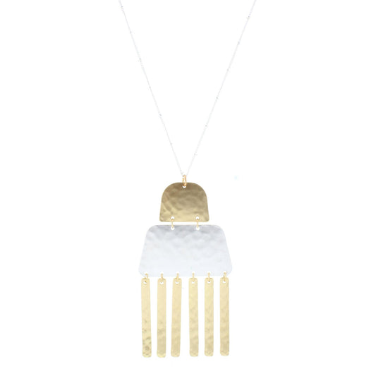32" 2-Tone Chain Necklace with Gold Dome, Hinged Silver Trapezoid, and Gold Fringe, 3" Ext