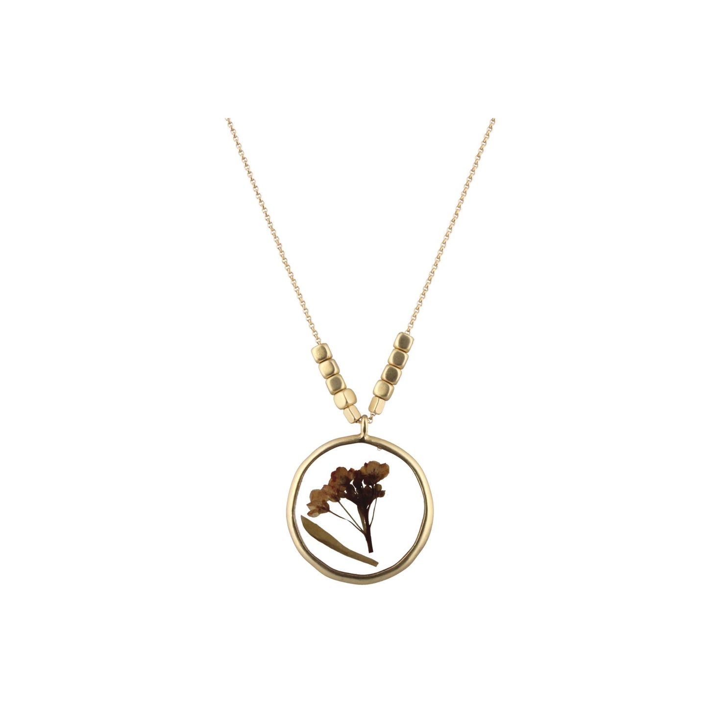 30" Gold Necklace with Pressed Cream Flowers in Resin Circle