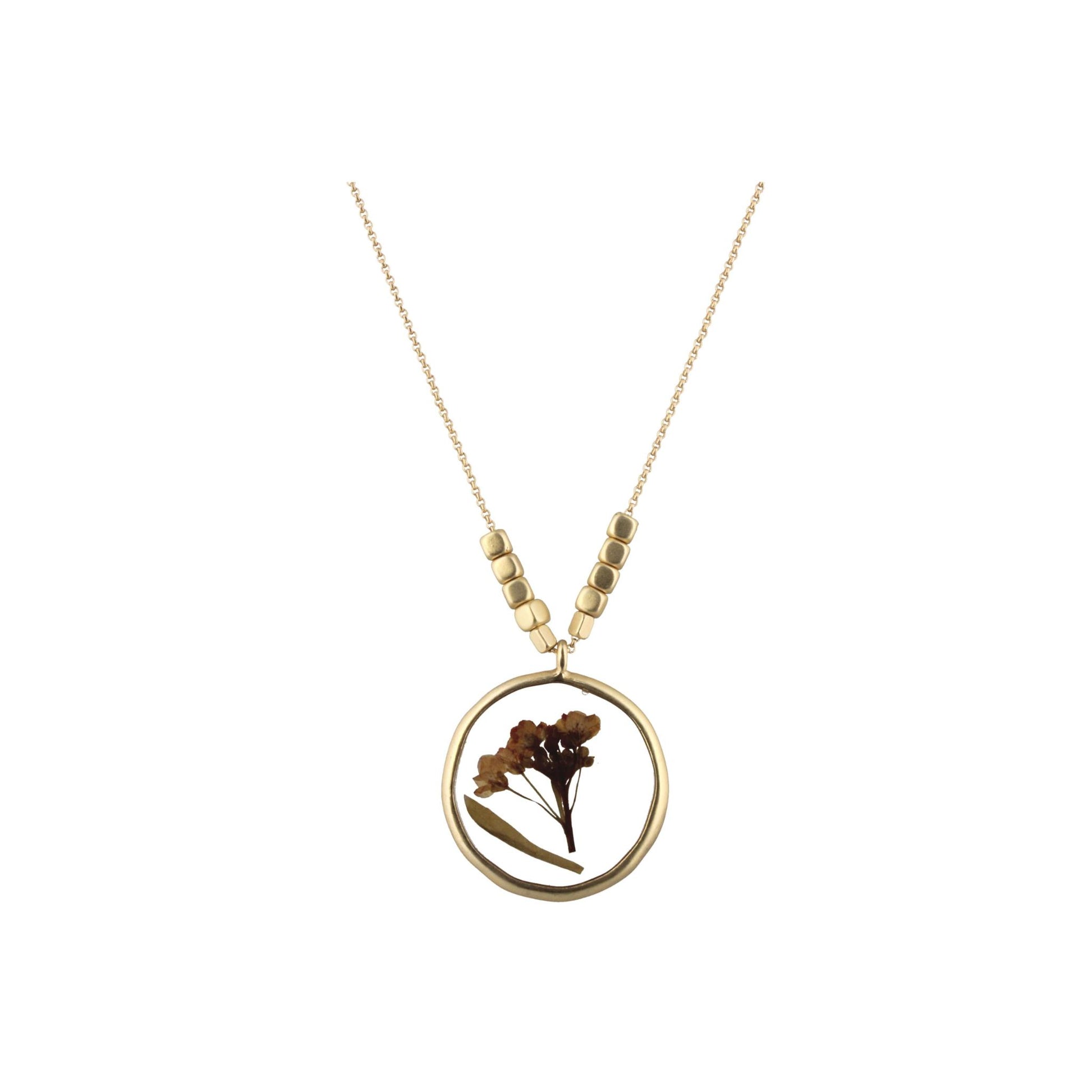 30" Gold Necklace with Pressed Cream Flowers in Resin Circle