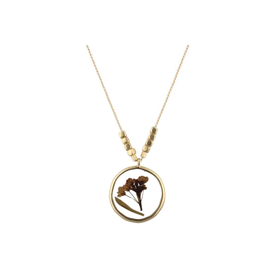 30" Gold Necklace with Pressed Cream Flowers in Resin Circle