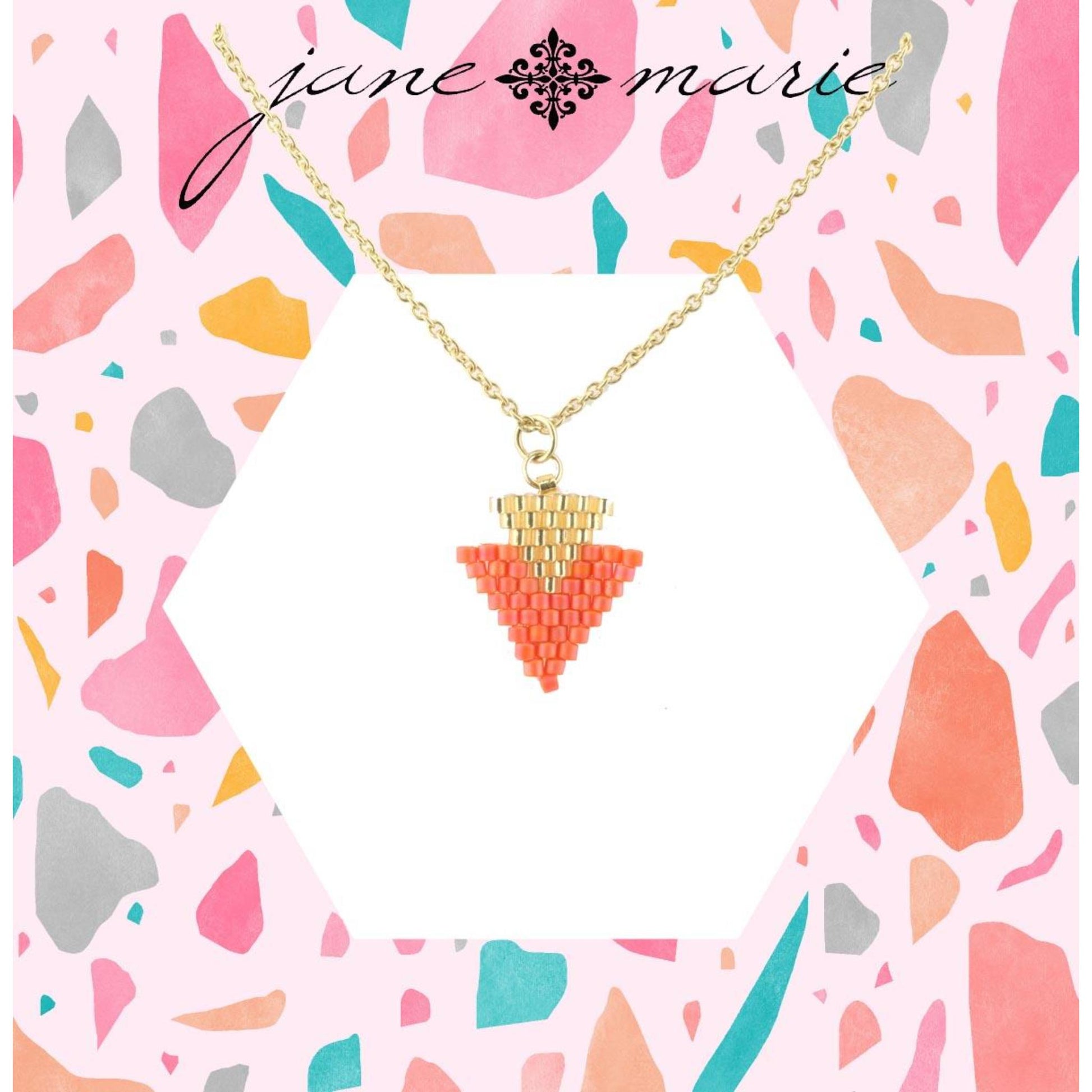 16" Gold Chain Necklace with Gold and Tangerine Seed Bead Double Triangle, 3" Ext